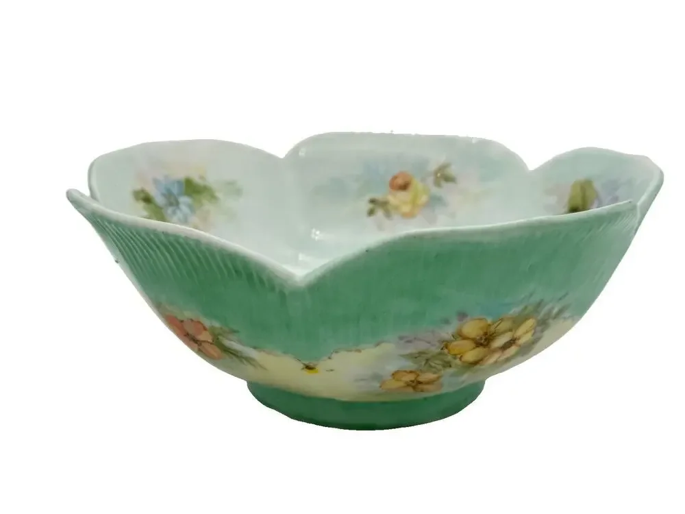 Vintage Hand Painted Floral Porcelain Scalloped Bowl Artist Signed 8 Inch